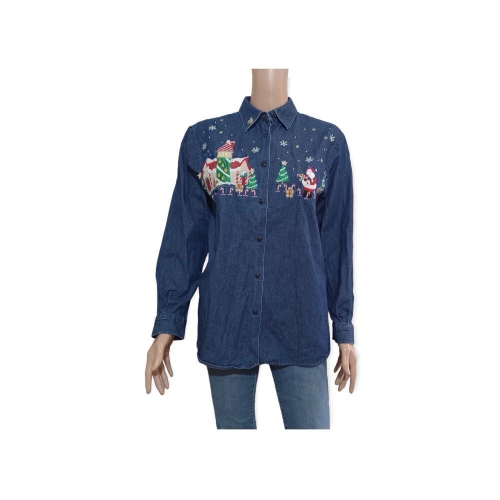 Vintage Karen Scott Christmas Denim Long Sleeve Shirt Size: S